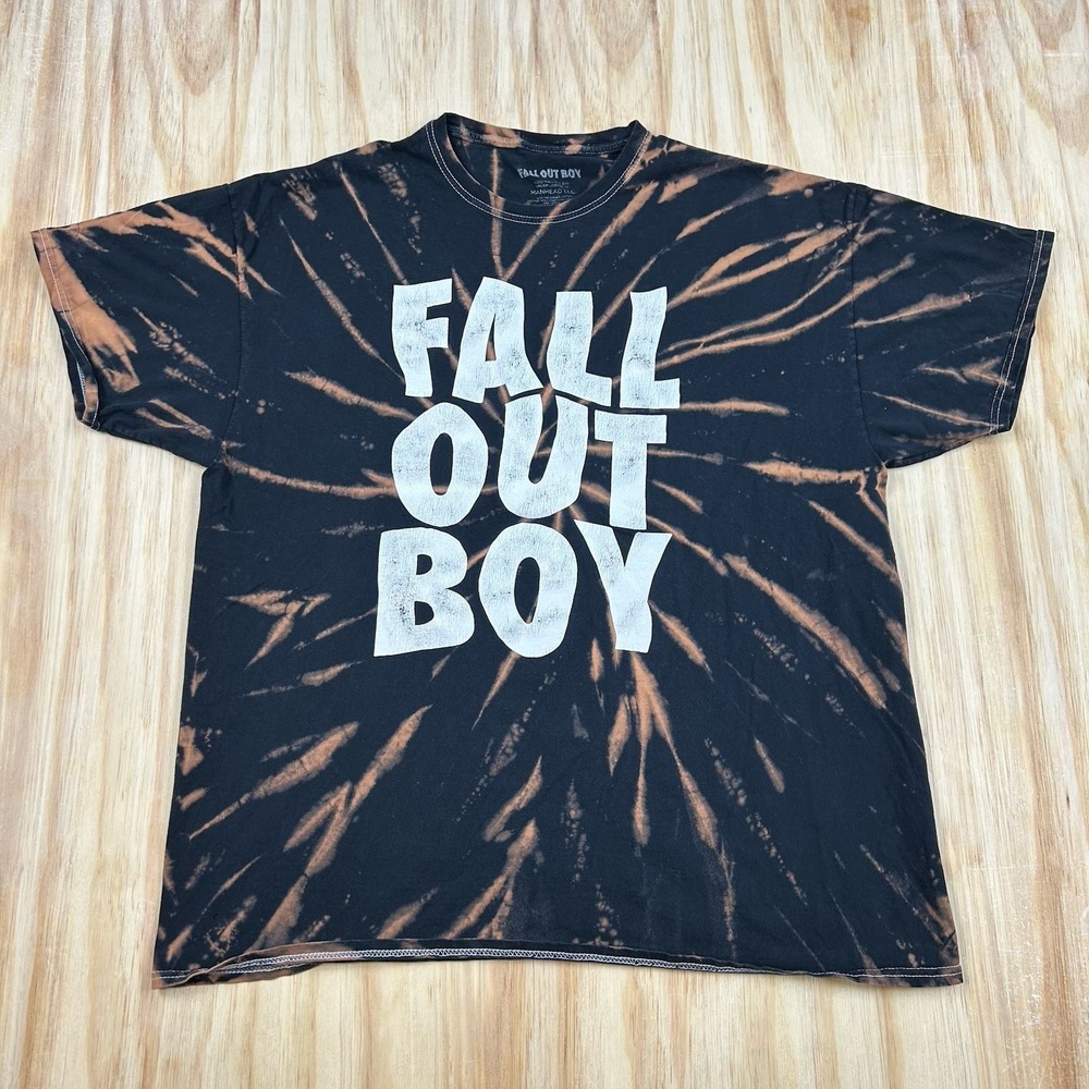 Fall Out Boy Bleach Tie Dye Spiral T Shirt Black Size XL Short Sleeve Band Music